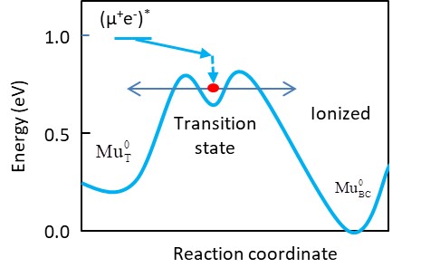 Muonium is trapped at a shallow minimum (transition state) at the top of the diffusion barrier. From there, it can decay thermally activated either to the muonium ground state (e.g. to neutral muonium in tetrahedral configuration) or to a bound configuration (e.g. to neutral or ionized bond-centered muonium).
